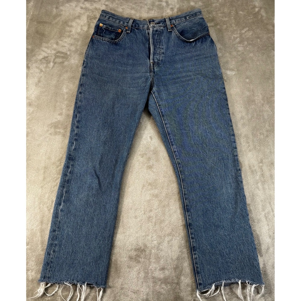 Levis 501 Original Mens Big E 27x30 Blue Medium Wash Excellent Raw Hem Jeans
